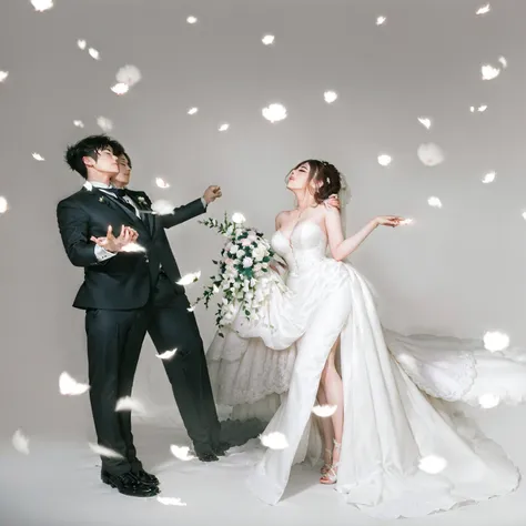 bride and groom standing in front of falling petals, wedding photo, bride and groom, ad image, professional wedding photography,...