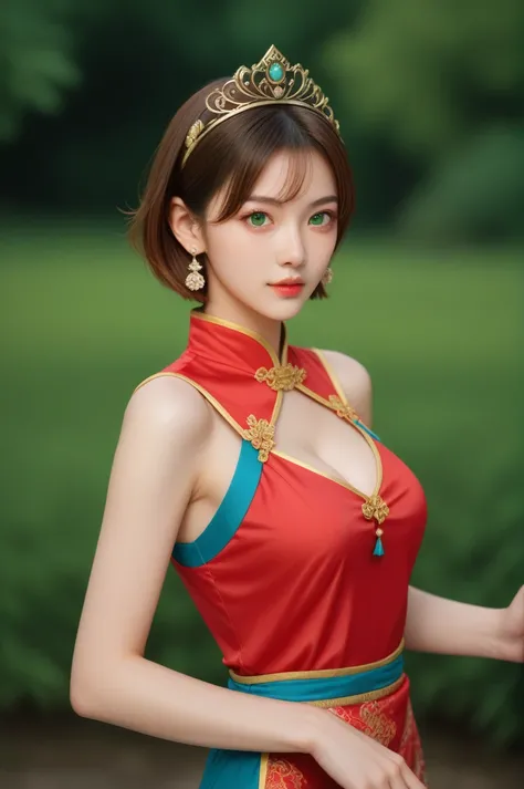 score_9, score_8_up, score_7_up, masterpiece, best quality, perfect anatomy, very aesthetic, BREAK dynamic pose, cowboy shotsolo, 1girl, short hair, brown hair, green eyes, tiara, jewelry, earrings, chinese clothes, cleavage cutout, outdoors, looking at vi...