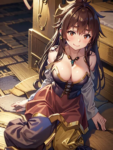 satou_kazuma, long brown hair, brown eyes, blush, smile, large breasts, cleavage, earings, gold necklace, gold bracelate, mermai...