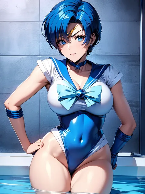 Sailor mercury in full sailor suit,long blue hair,Blue Power Ranger, hurricane ,Sexy goth woman big breast, character sheet,inside a pool,