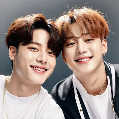 jungkook and jimin as happy couple, photorealism, realistic photo, real photo, 26k