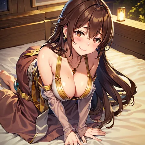 satou_kazuma, long brown hair, brown eyes, blush, smile, happy face, large breasts, cleavage, earings, gold necklace, gold brace...