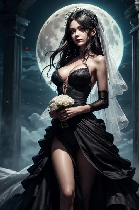 in the night graveyard near the open coffin standing beatiful pale bride female, she have pale skin, beatiful face with silver e...