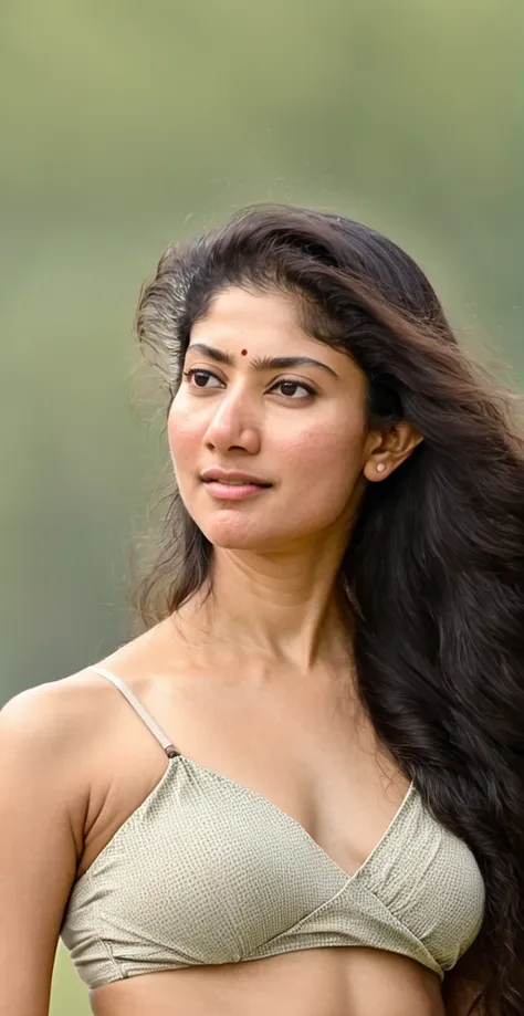 ultrarealistic hires close up photo of a 30-year-old sai pallavi full body in bikini, outdoors, realistic skin texture