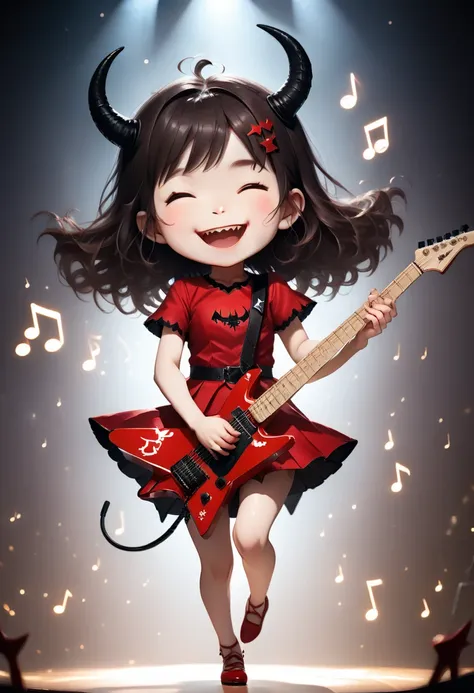 score_9, score_8_up, score_7_up, score_6_up, score_5_up, score_4_up, cute devil girl, happy smile, playing star-shaped body electric guitar, saying "thank you", saying "happy", dancing notes, fun party