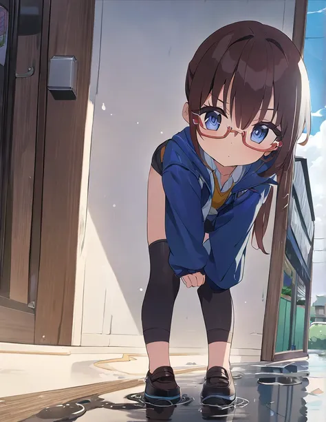 (Anime Style:1.4),A soft touch to painting、超High resolution, Attention to detail, high quality, High resolution, 最high quality, 4K, 8K,Road after the rain、Puddle and girl、Glasses