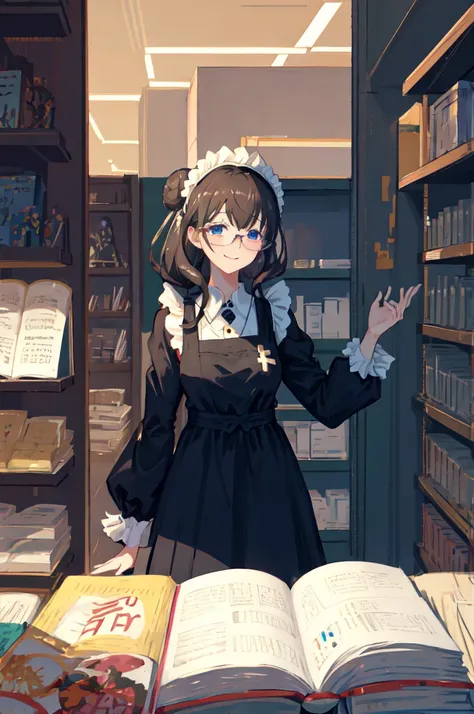 sagisawa fumika, one girl, glasses, maid, alone, bookshelf, blue eyes, black hair, alternative costume, maid headdress, apron, e...