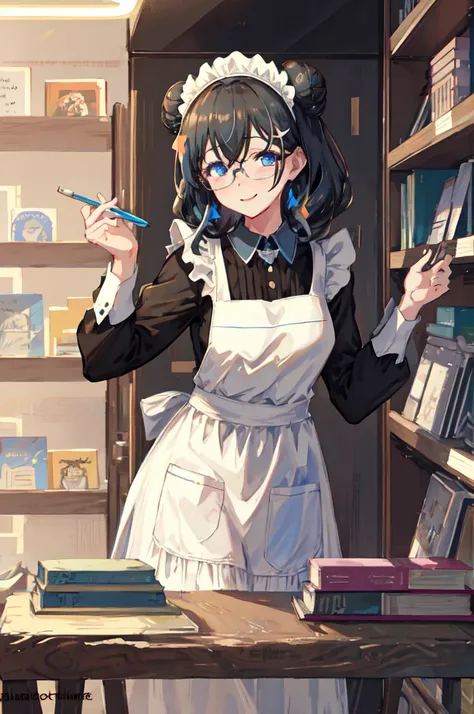 sagisawa fumika, one girl, glasses, maid, alone, bookshelf, blue eyes, black hair, alternative costume, maid headdress, apron, e...