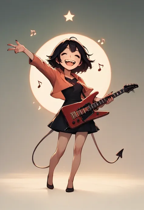 score_9, score_8_up, score_7_up, score_6_up, score_5_up, score_4_up, cute devil girl, happy smile, playing star-shaped body electric guitar, saying "thank you", saying "happy", dancing notes, fun party