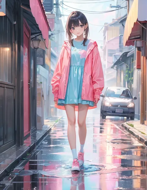 A soft touch to painting、超High resolution, Attention to detail, high quality, High resolution, 最high quality, 4K, 8K,Road after the rain、Puddle and girl、Pastel color effect、whole body