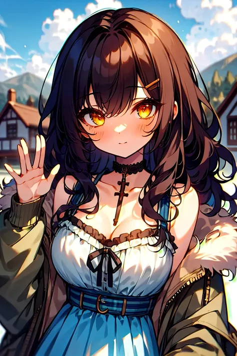 (masterpiece:1.2), (high quality:1.2), girls with((1girl, solo, black hair, yellow eyes, smiling, (wavy long hair, one side up, ...