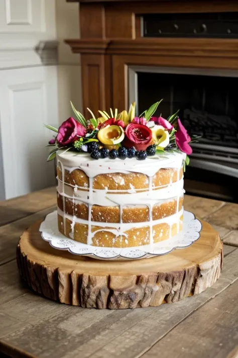 mixed fruit jelly cake, flowers around the cake plate,