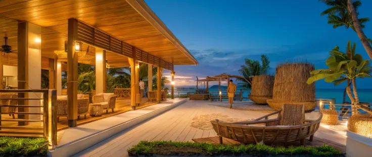 wooden local caft resort , coconut trees, greenery landscape, along the white beach, clear sky, sunrise time, warm lighting raw ...