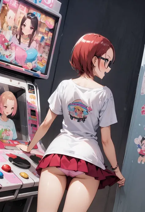 Fashionable glasses、back view, Backwards、Butt、back、back of head、Hips、Hair back、Calf、Very Very Mini Skirt、Colorful panties、Chibi T-shirt、Panty shot、arcade、game machine、Game bench、UFO Catcher、Purikura、Date、forehead、Girl、Girl、Short、Younger、Lower school year、B...