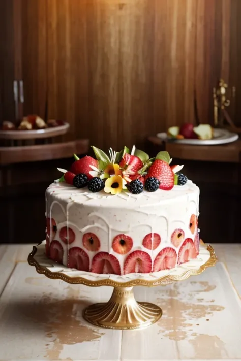 a luscious fruit jelly cake, flowers surrounding the cake plate, delicate cake slices, intricate cake decoration, vibrant colors...