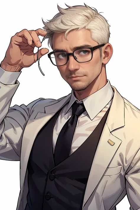 a 40 years old man, white button shirt, eye glasses, black tie, school principal