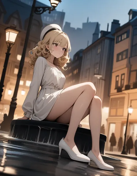 masterpiece,best Quality,ultra detailed,(Film grain:1.3), film frame, black and white illustration, 1woman,cool,curly hair,modern girl, blond hair,white round hat, long white dress, white pumps, sitting on edge of fountain, one leg raised, European street ...