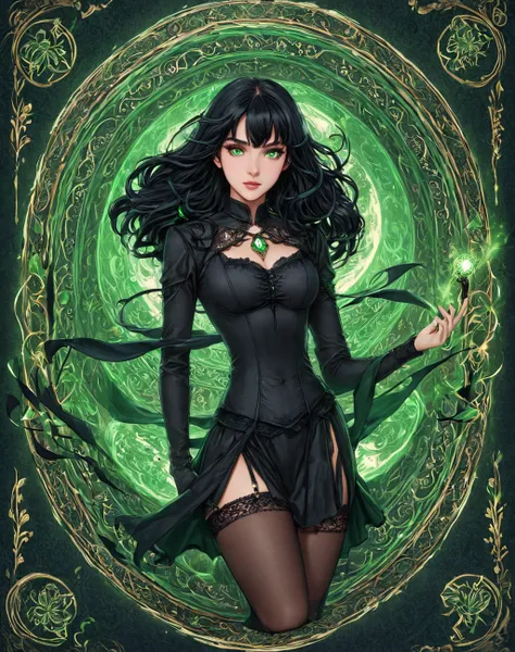 daughter of severus anape, 9-yeart-old , black hair, green eyes, girl, , chased by demon, tarot card, masterpiece, best quality, 4k, tarot card art, line art, clean line art, space-themed coloring mandala, colorful, simple and clean line art, adorned in Ar...