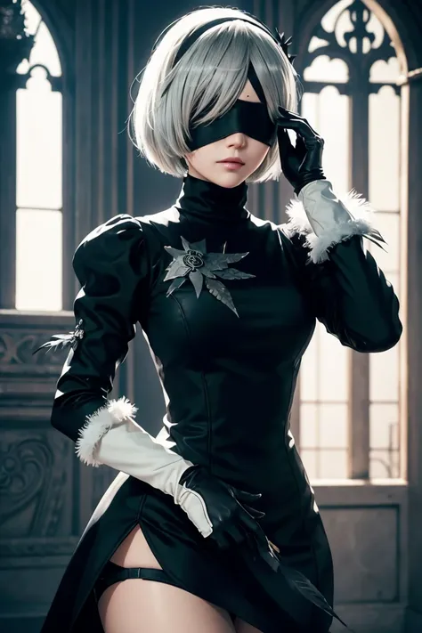 2b nier automata,bobcut, gray hair,long sleeve, juliet sleeve, white gloves, turtleneck, bangs, feather ornament, feather orname...