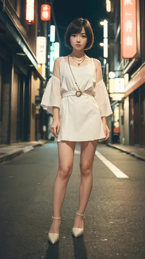 (Highest quality, 8K, 32k, masterpiece, Ultra-high resolution: 1.2), Cute Japanese Women Photos, Very short bob hair, whole body, Stylish clothing, necklace, Simple Background,(Film aesthetics:1.4) Bokeh urban night photo of a beautiful fashion model、Model...