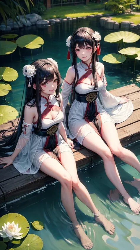 ((4k,masterpiece,best quality)), shuimobysim, traditional chinese ink painting, lotus, dress conservatively
2girl, twins,  long black hair, smile, sitting, feet in the water, barefoot,
 Three-dimensionality in the background.
Two good-looking people.