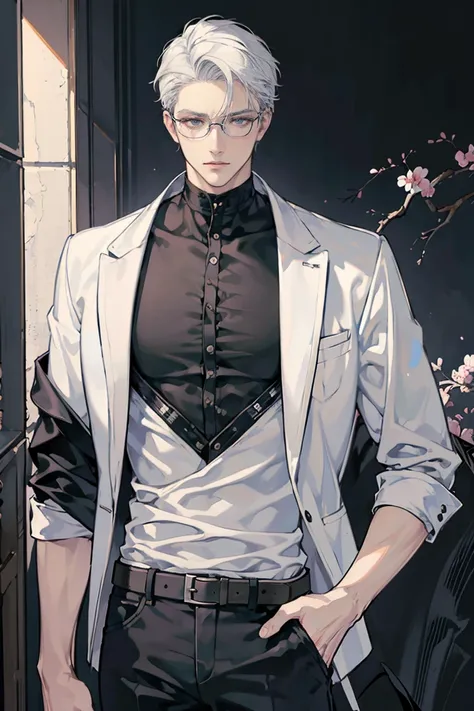 anime - (masterpiece), best quality, seductive eyes, mature face, black eyes, short slicked back white haircut, short length white hair, plain white t shirt, black leather jacket, black pants, glasses, tall man, long legs, masculine, broad shoulders, adult...