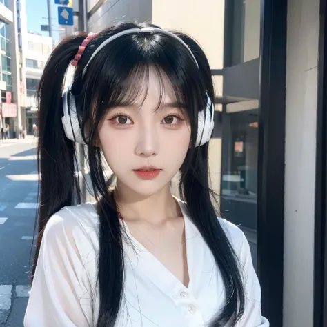 35-year-old Japanese woman、Black Hair、The hair is very short、Twin tails、High school girl cosplay、headphones、flat chest、Realistic photos、Realistic、8K quality、tall、No bangs、Street Snap、Close-up of face、Afterschool