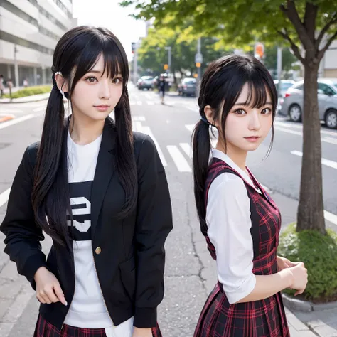 35-year-old Japanese woman、Black Hair、The hair is very short、Twin tails、High school girl cosplay、headphones、flat chest、Realistic photos、Realistic、8K quality、tall、No bangs、Street Snap、Close-up of face、Afterschool