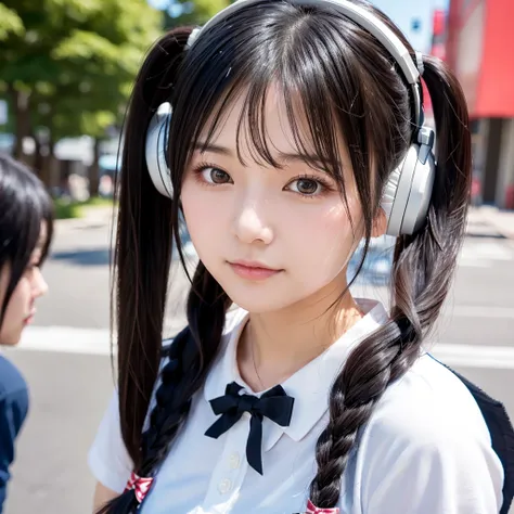 35-year-old Japanese woman、Black Hair、The hair is very short、Twin tails、High school girl cosplay、headphones、flat chest、Realistic photos、Realistic、8K quality、tall、No bangs、Street Snap、Close-up of face、Afterschool