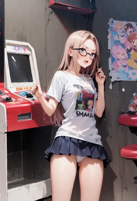 Fashionable glasses、back view, Backwards、Butt、back、back of head、Hips、Hair back、Calf、Very Very Mini Skirt、Panties、Chibi T-shirt、Panty shot、arcade、game machine、Game bench、UFO Catcher、Purikura、Date、forehead、Girl、Girl、Short、Younger、Lower school year、Baby Face、...