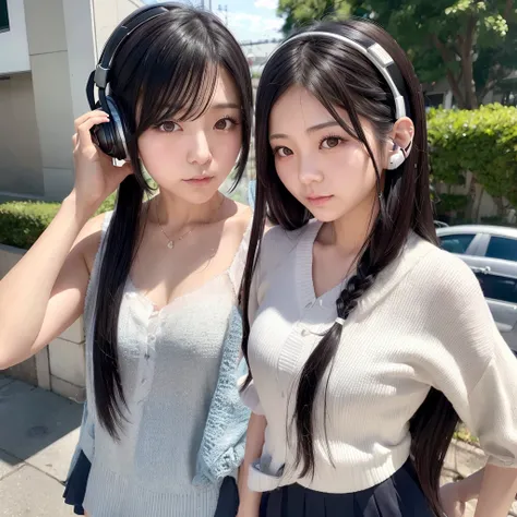 35-year-old Japanese woman、Black Hair、The hair is very short、Twin tails、High school girl cosplay、headphones、flat chest、Realistic photos、Realistic、8K quality、tall、No bangs、Street Snap、Close-up of face、Afterschool