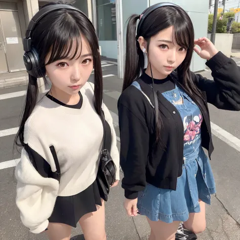 35-year-old Japanese woman、Black Hair、The hair is very short、Twin tails、High school girl cosplay、headphones、flat chest、Realistic photos、Realistic、8K quality、tall、No bangs、Street Snap、Close-up of face、Afterschool