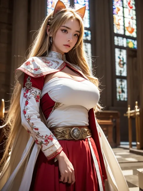 (8K, Highest quality:1.2)、masterpiece, beautiful female monk, (Attractive American Model),(( Red and white outfit))、Long sleeve、(((Cat ear)))、(( Mature Female Warrior)), ((Armor with great attention to detail)), (Strong muscular body),(Powerful arms)、 (Lig...