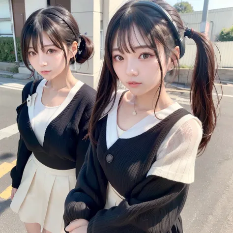 35-year-old Japanese woman、Black Hair、The hair is very short、Twin tails、High school girl cosplay、headphones、flat chest、Realistic photos、Realistic、8K quality、tall、No bangs、Street Snap、Close-up of face、Afterschool