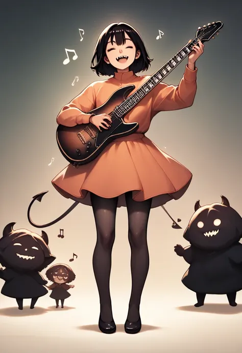 score_9, score_8_up, score_7_up, score_6_up, score_5_up, score_4_up, cute devil girl, happy smile, playing star-shaped body electric guitar, (saying "thank you", saying "happy"), dancing notes, fun party, hzk