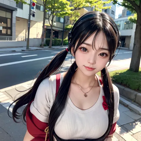 35-year-old Japanese woman、Black Hair、The hair is very short、Twin tails、High school girl cosplay、headphones、flat chest、Realistic photos、Realistic、8K quality、tall、No bangs、Street Snap、Close-up of face、Afterschool