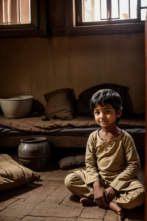 Young Brahmin boy sitting in the middle of house . His mother and father was sitting in the wooden bed with lines in there faces and they were very poor . Next to bed there is a earthen pot in the floor . They all have Little smile in there faces but stres...