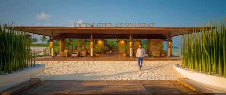 wooden Local caft Resort , coconut trees, greenery landscape, along the white beach, clear sky, sunrise time, warm lighting RAW Photo, RAW texture, Super Realistic, 32K UHD, DSLR, soft lighting, high quality, film rating, Fujifilm XT3 