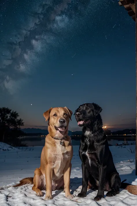 Two dogs looking at the starry sky 