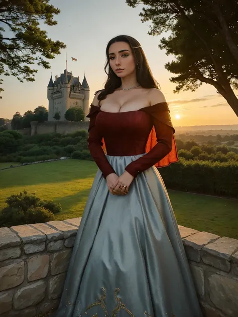 Beautiful and regal, imperious and aloof, busty athletic (thin) brunette queen with sharp facial features wearing a modest updo, dark red medieval dress, long sleeves, intricate patterns, embroidery, wide neck, crown, veil, long dress, modest dress, tight ...