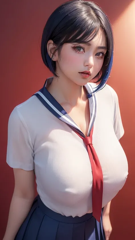 (masterpiece, best quality, cinematic, photorealistic, ultra-detailed), (1girl, japanese student), thicc, (medium shot, from below:1.5), (smart-looking girl wearing white short-sleeved blouse with a sailor-style collar and a ribbon tie:1.4), (navy blue ple...