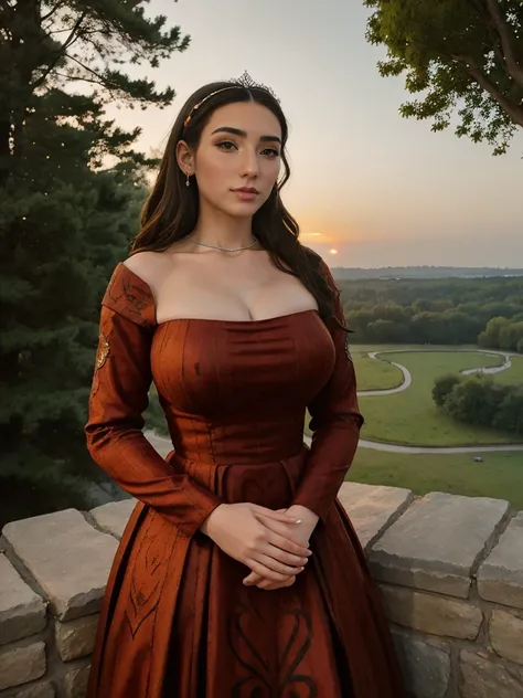 Beautiful and regal, imperious and aloof, busty athletic (thin) brunette queen with sharp facial features wearing a modest updo, dark red medieval dress, long sleeves, intricate patterns, embroidery, wide neck, crown, veil, long dress, modest dress, tight ...