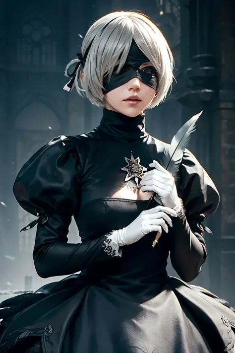 2b nier automata,bobcut, gray hair,long sleeve, juliet sleeve, white gloves, turtleneck, bangs, feather ornament, feather orname...