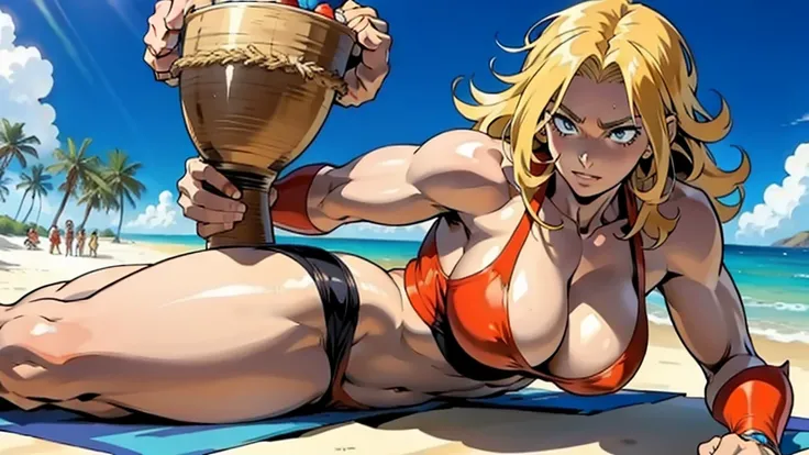 アニメ cel-shading Cavewoman, muscle, on the beach in ((anime + manga + comics + cartoon) style)