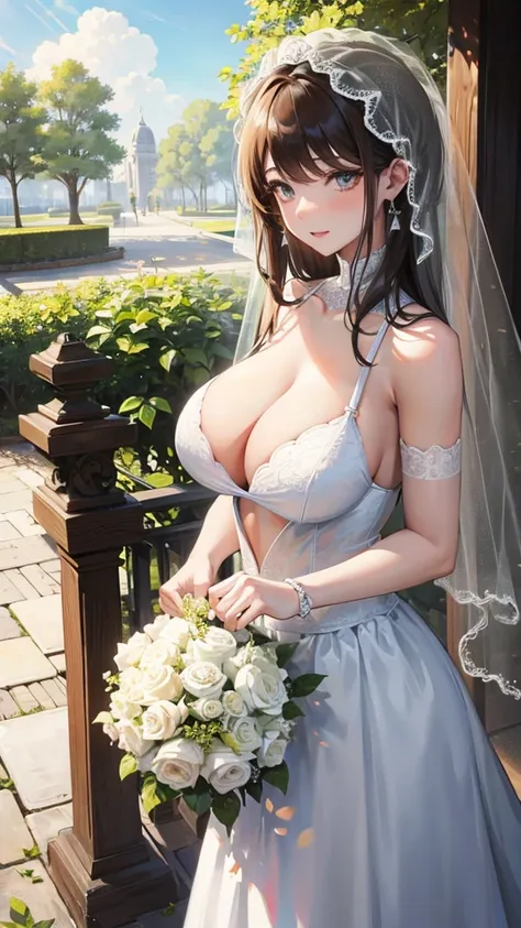 Girl with huge breasts in a bra with a sexy wedding dress ,veil and bouquet in the park 