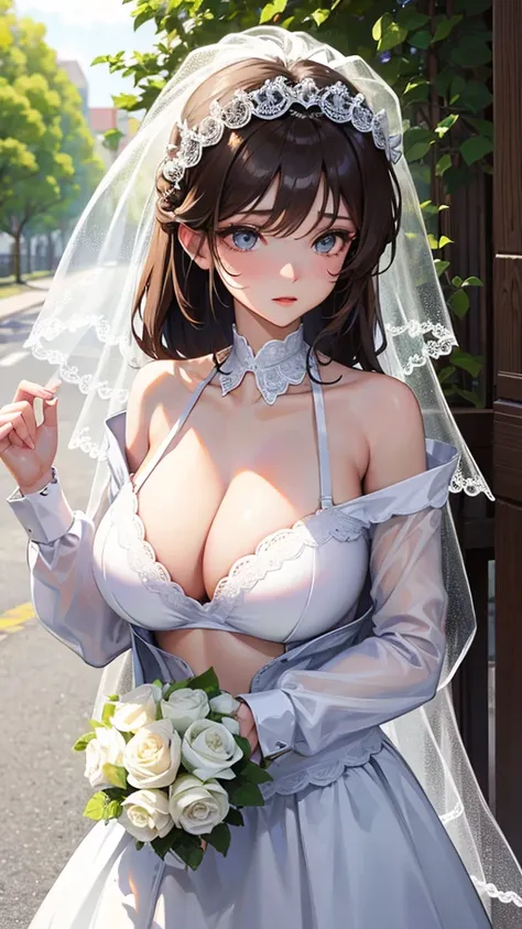 Girl with huge breasts in a bra with a sexy wedding dress ,veil and bouquet in the park 