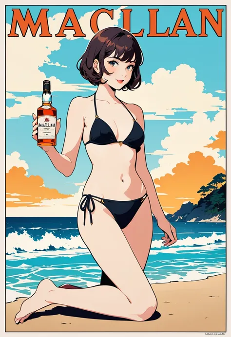 flatcolor,(masterpiece, best quality,ultra highres), japanese retro poster of a teenage girl with short hair in the style of a vintage print with the words "Macallan" written in the style of english on it,sitting on the beach, (has a whisky glass in her ha...