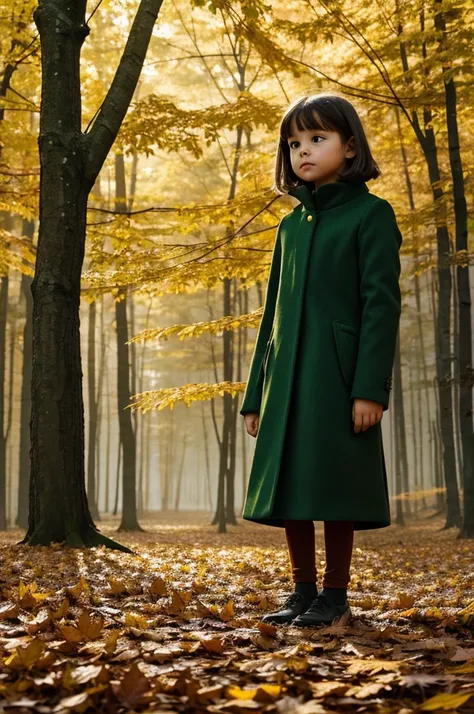 The illustration depicts a 7-8 year old girl standing in an autumn forest. Colorful leaves are flying around her, falling to the ground. The background of the image is blurred to create a sense of mist and mystery. The colors of the leaves are mainly green...