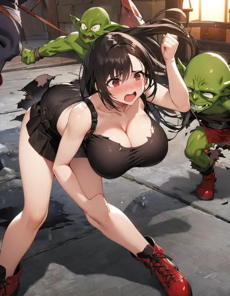 Final Fantasy 7 Tifa Lockhart　　Indoor at night、Wearing black pantyhose　Wearing a mini skirt、Wearing black clothing、Big Breasts、stylish、Clothes get torn、The goblin slams him to the ground.、Thin legs、Long black hair、bare hands、Wearing red shoes、panting loudl...