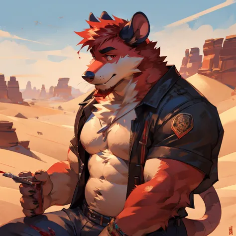 Solo, male, Possum, with black and cream-colored fur, with short Blood Red  hair, with blood red beard, blood red chest fur, Pinkish red and blacks eyes, with long ears, shirtless, in jeans, chest, big chest view, desert, route 66,((focus body, furry focus...